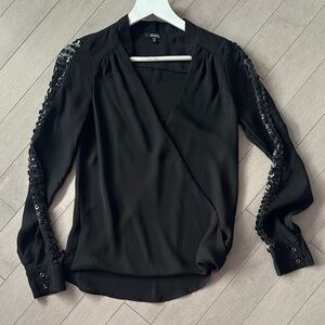 INC International Concepts Black Wrap Blouse with Sequin Sleeves
